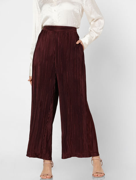 Buy Burgundy Mid Rise Paperbag Pants For Women Online in India