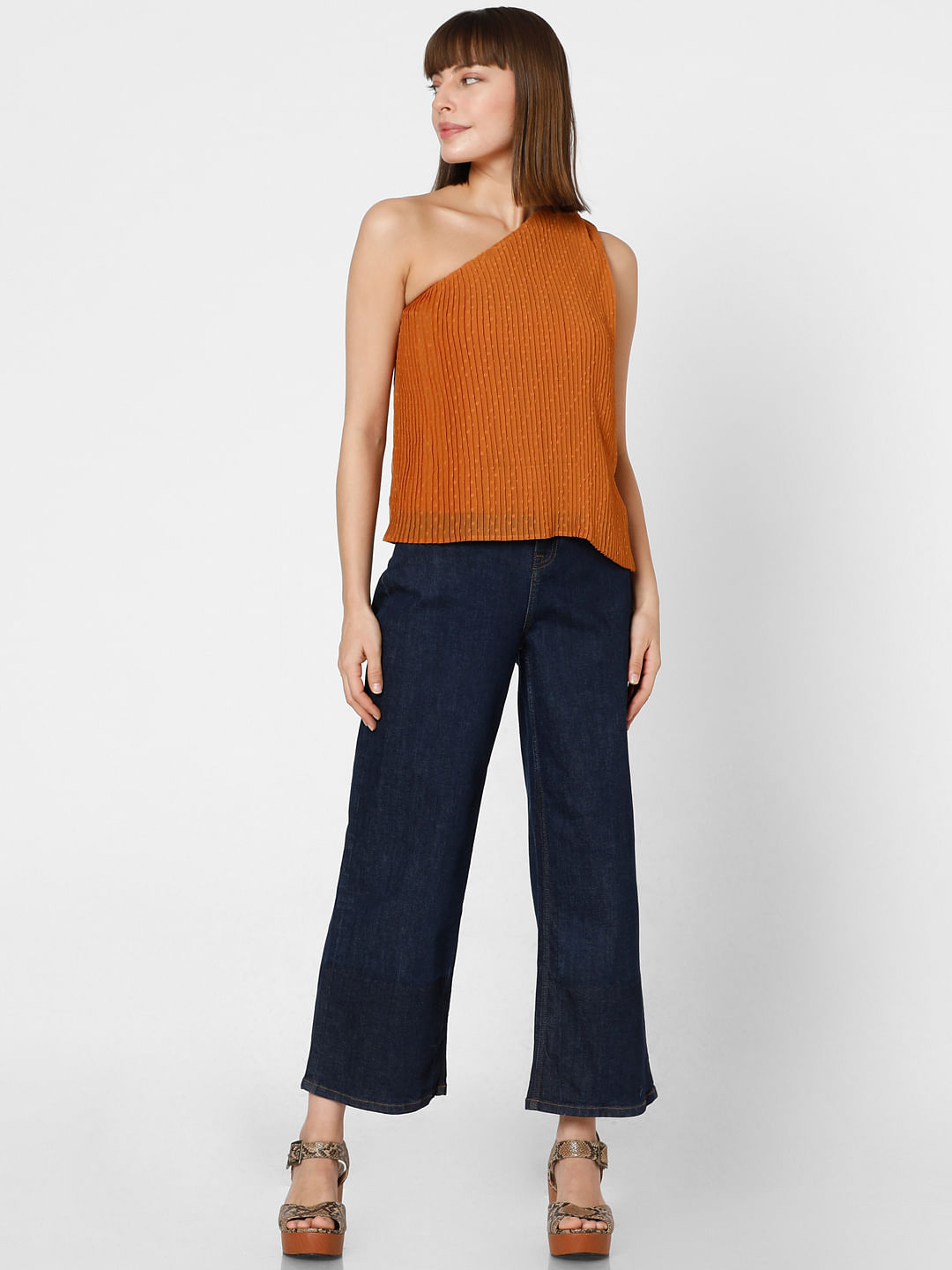 Rust Orange Dobby Pleated Top|175434201-Sugar-Almond