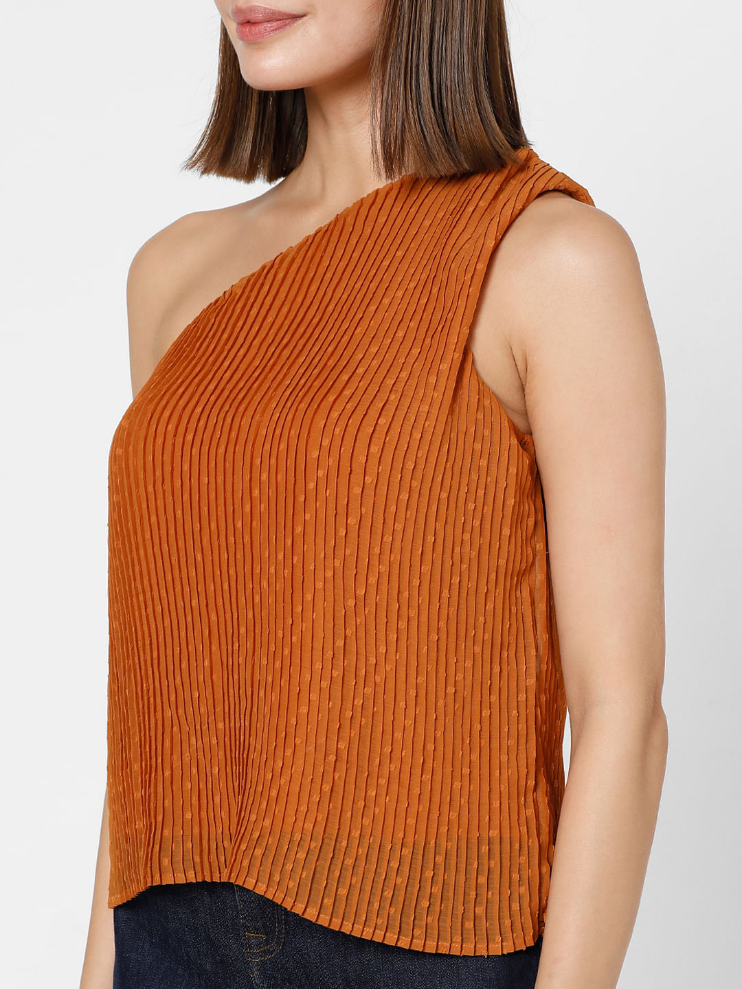 Rust Orange Dobby Pleated Top|175434201-Sugar-Almond