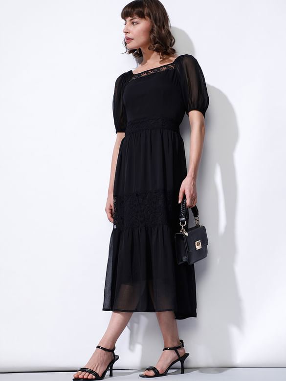 Black Chiffon Lace Midi Dress