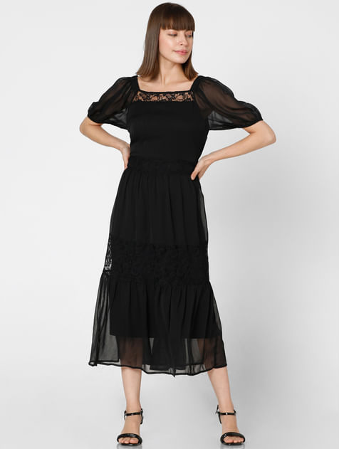 Black Chiffon Lace Midi Dress