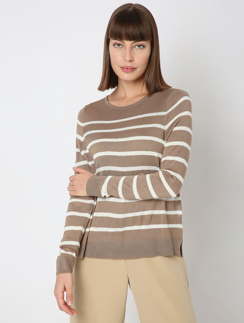 Brown Striped Flat Knit Pullover