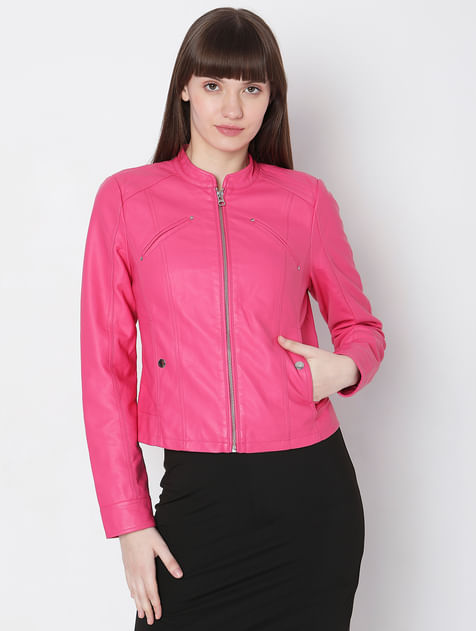 Hot Pink Faux Leather Biker Jacket