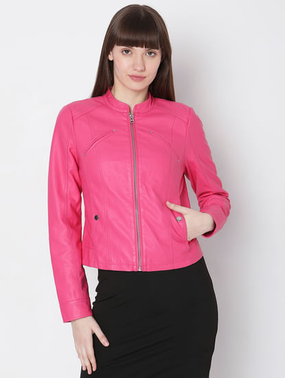 Hot Pink Faux Leather Biker Jacket