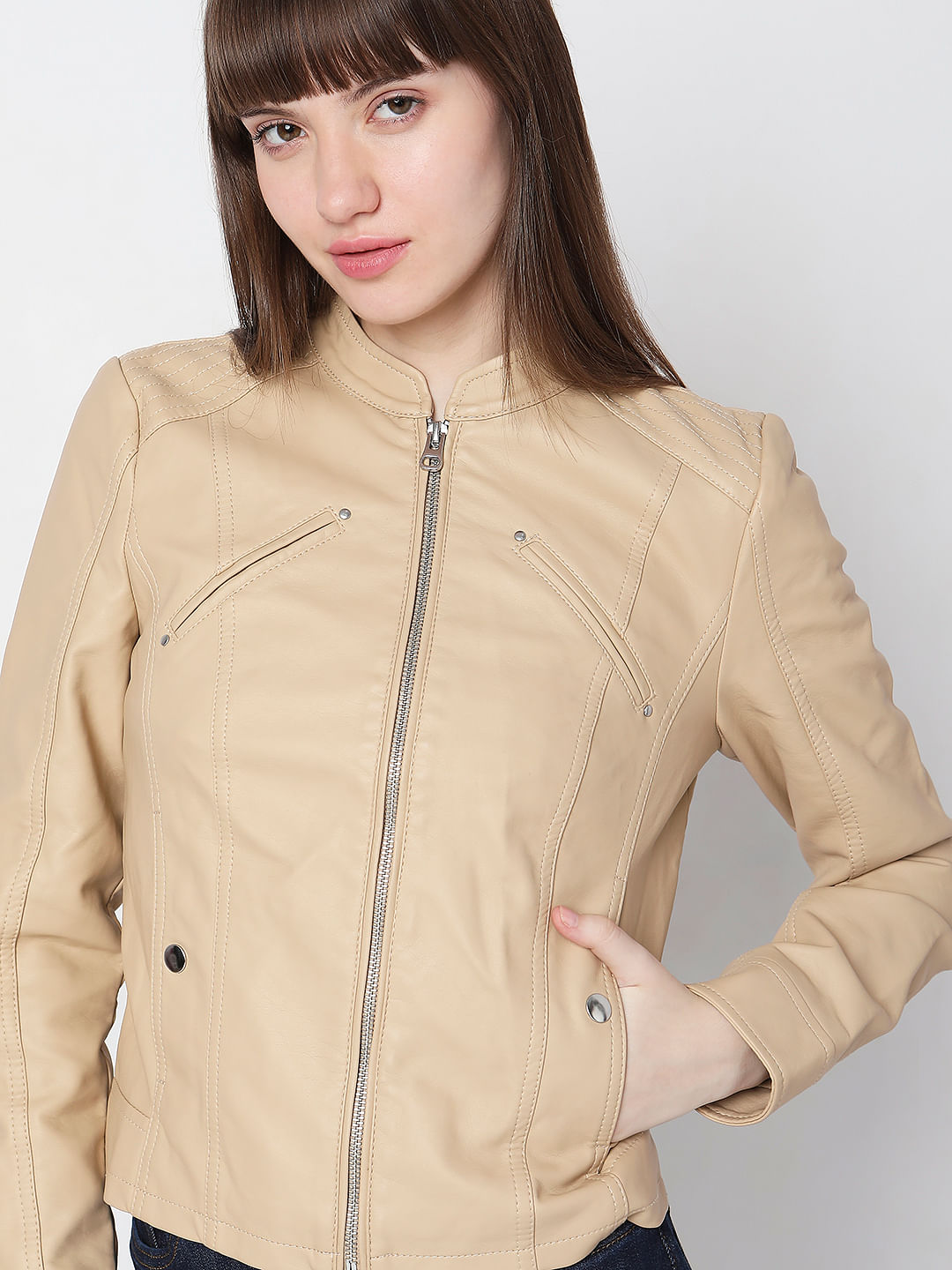 Beige hotsell biker jacket