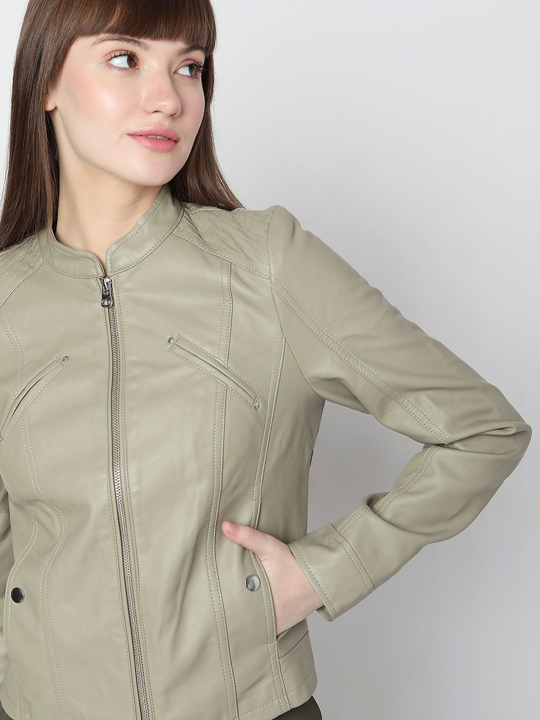 Khaki leather store jacket womens