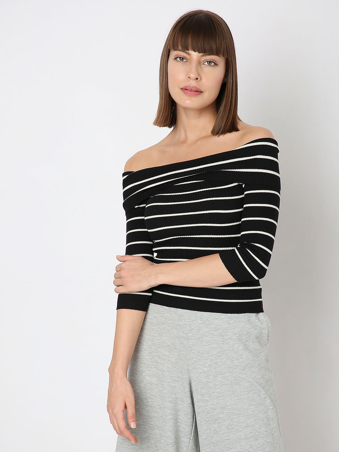 Black and white striped off the shoulder clearance shirt