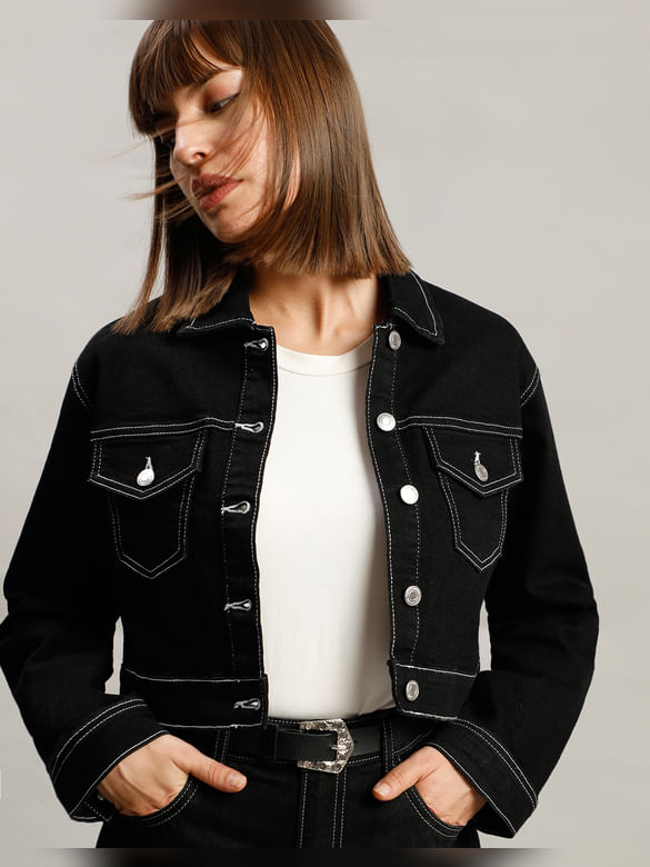 Black Contrast Stitching Cropped Denim Jacket