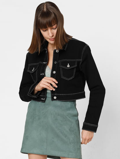 Black Contrast Stitching Cropped Denim Jacket
