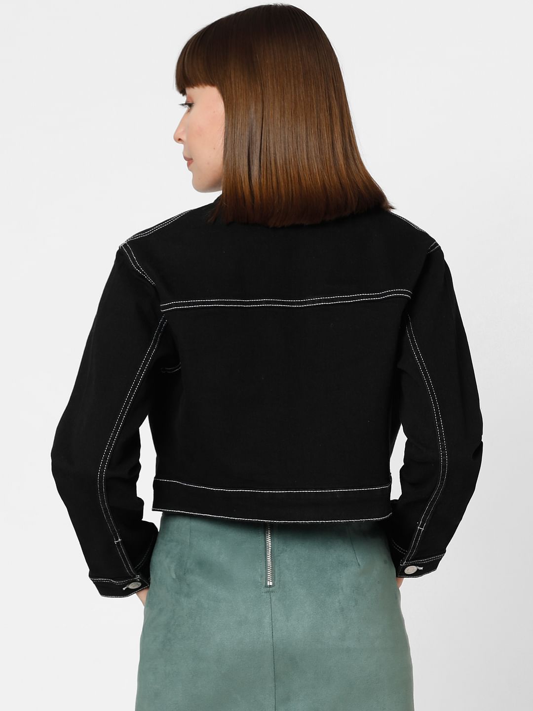 Black cropped denim 2024 jacket with white stitching