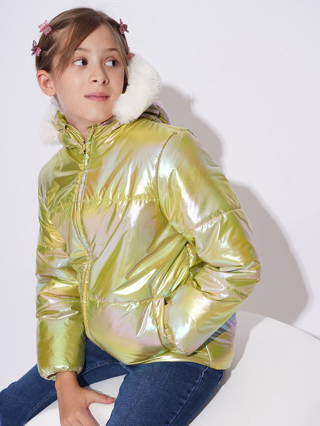 GIRLS GREEN HOLOGRAPHIC PUFFER JACKET