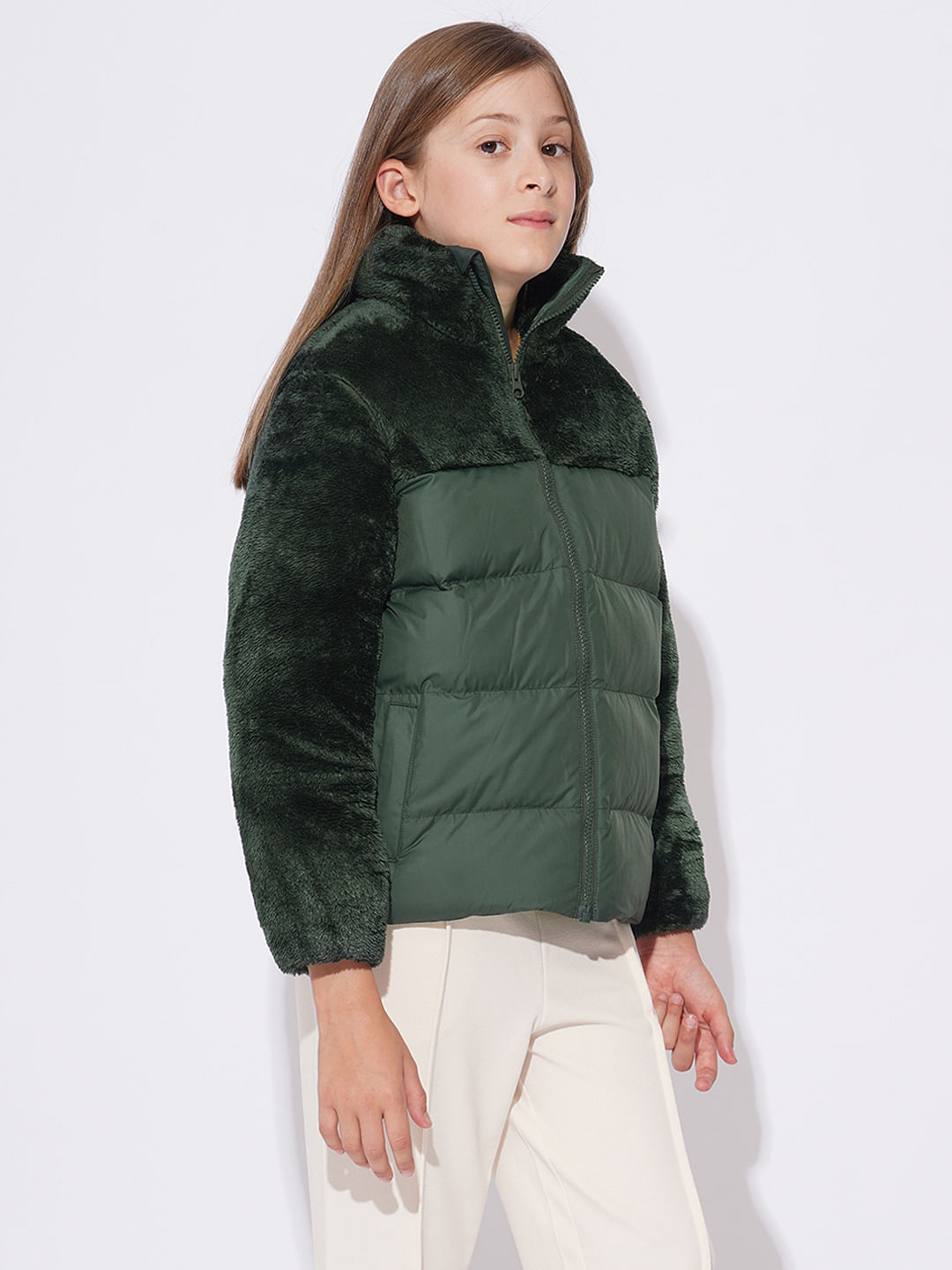 GIRLS DARK GREEN PUFFER CORDUROY JACKET