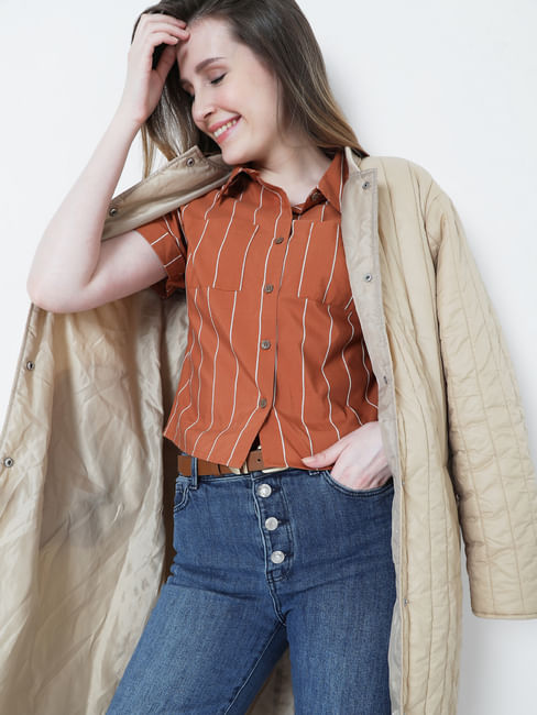 Brown Pinstriped Cropped Shirt