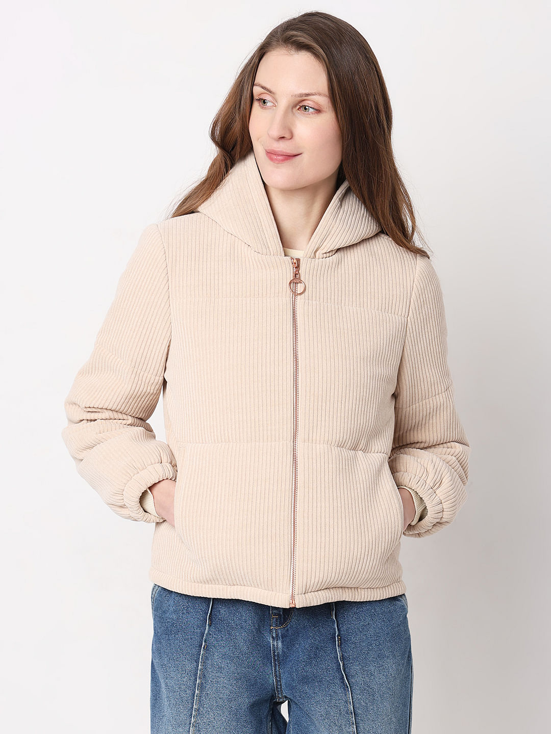 Beige corduroy puffer outlet jacket