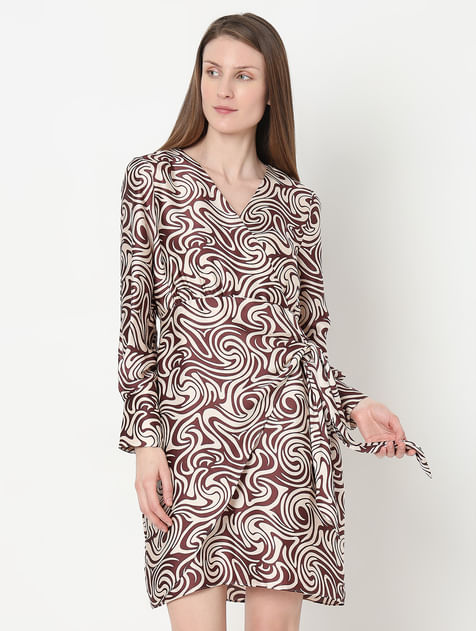 Brown Swirl Print Wrap Dress