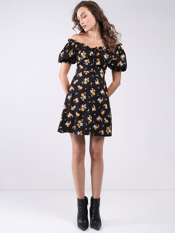 Black Floral Print Mini Dress