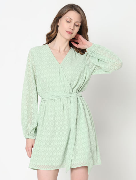Green Textured Wrap Dress