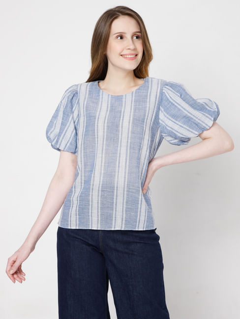 Blue Striped Puff Sleeves Top