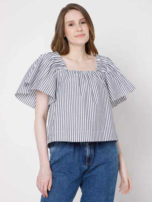 Blue Striped Flared Sleeves Top
