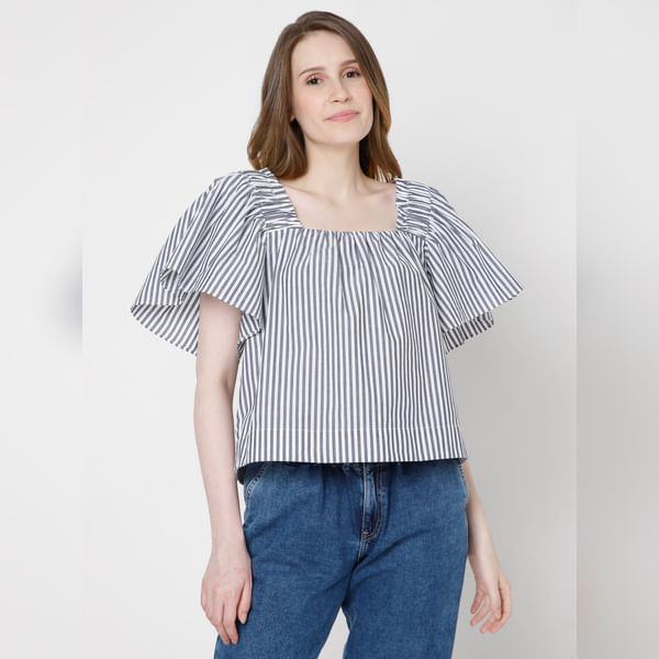 VERO MODA Blue Striped Flared Sleeves Top