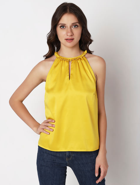 Lemon yellow floral printed pure cotton halter neck blouse