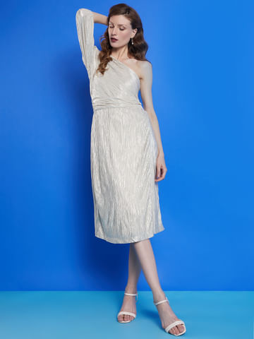Beige One-Shoulder Shimmer Dress
