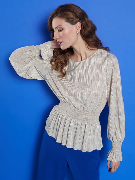 MARQUEE Beige Pleated Shimmer Top