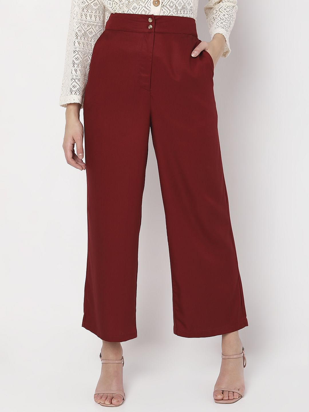 Maroon High Rise Wide Leg Pants