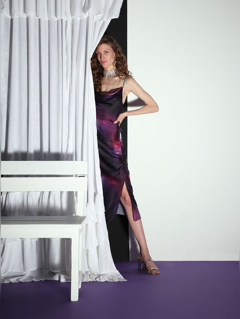 Purple Ombre Satin Midi Dress