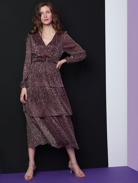 MARQUEE Purple Tiered Lurex Midi Dress