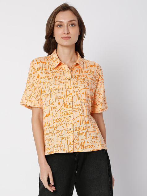 Orange Typographic Print Shirt