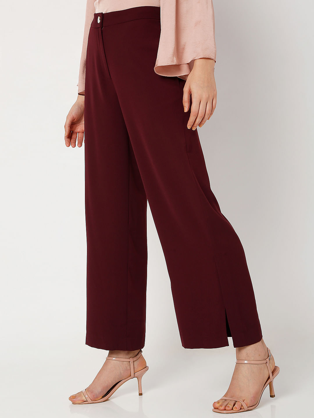 Burgundy Wide Leg Trousers  In The Style