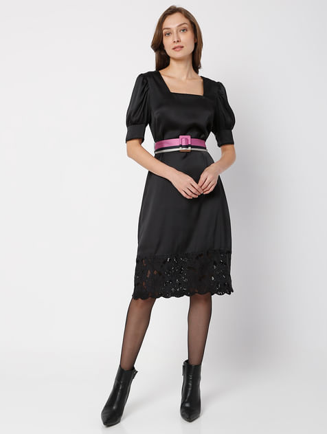 Black Lace Detail Midi Dress