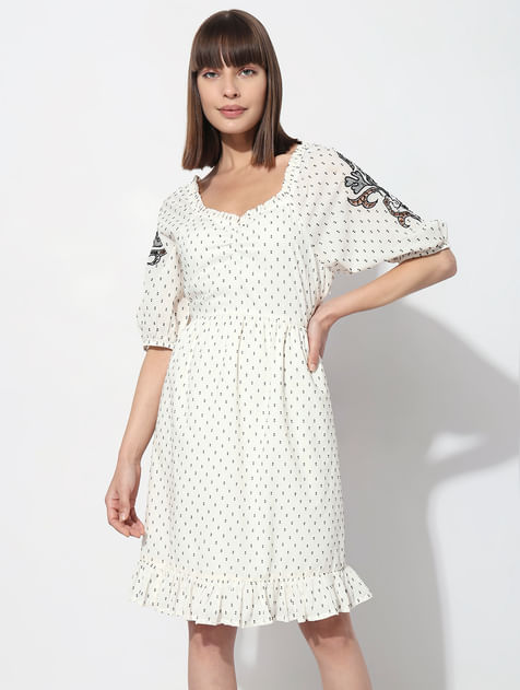 White Textured Embroidered Dress
