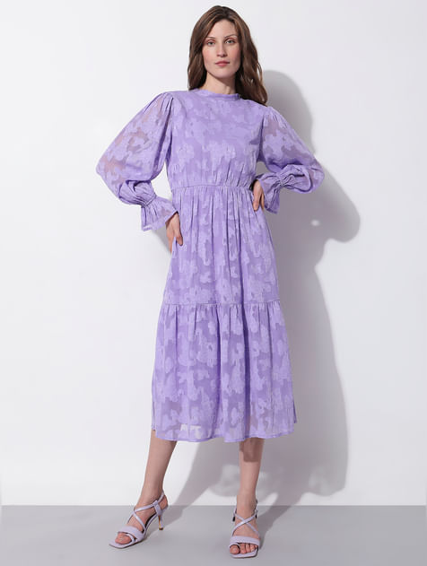 Purple Floral Textured Midi Dress