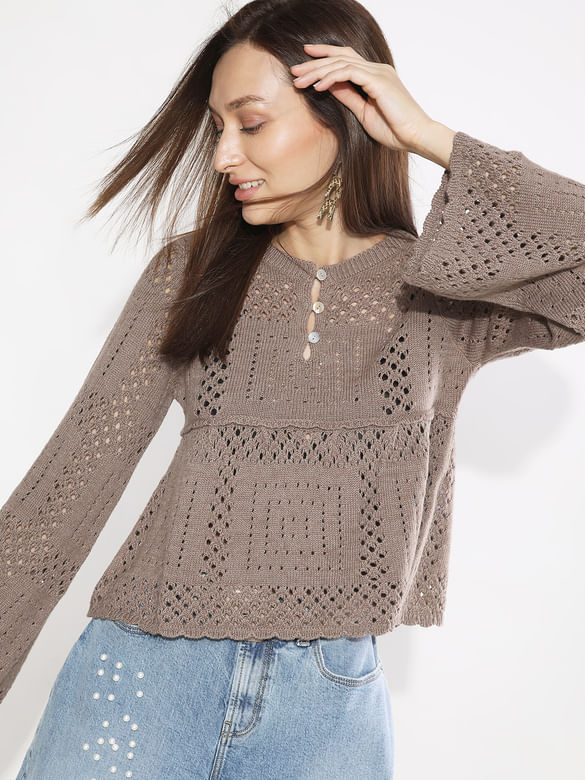 Dark Brown Crochet Peplum Pullover