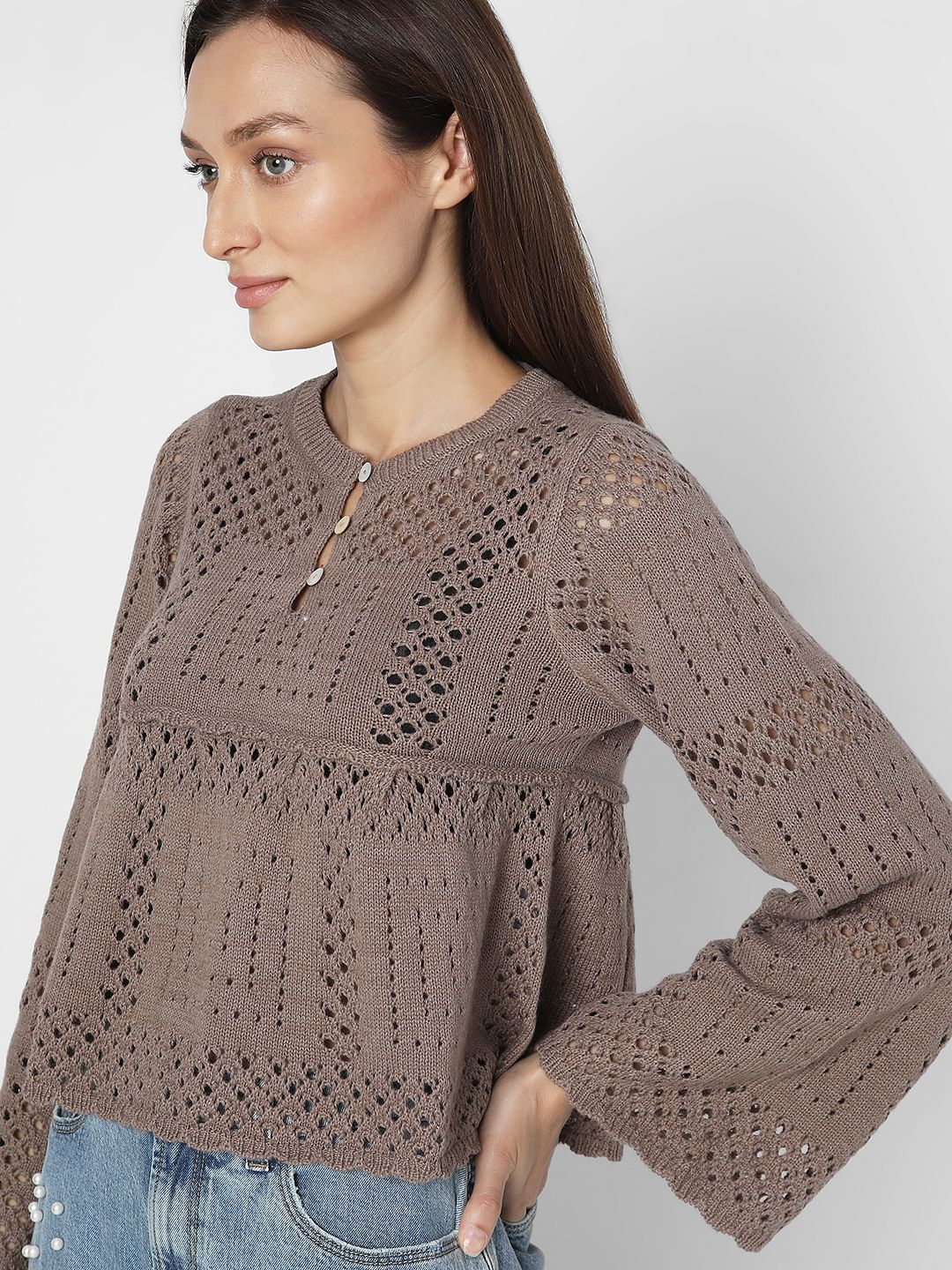 Dark Brown Crochet Peplum Pullover