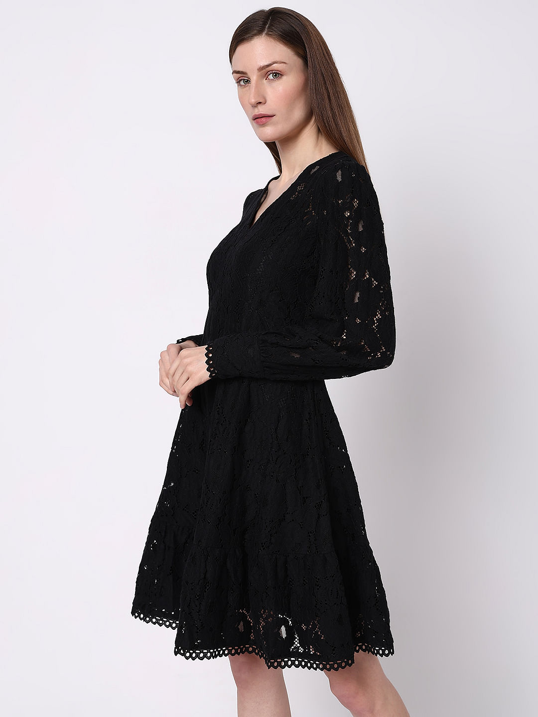 Black Lace Fit & Flare Dress|145707301-Jet-Black