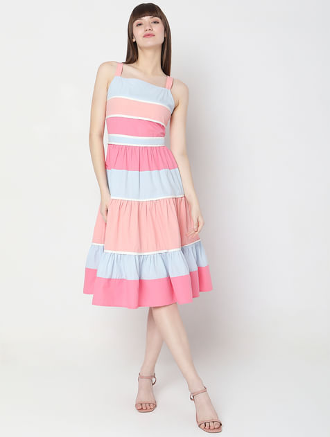 Pastel Peach Colourblocked Midi Dress