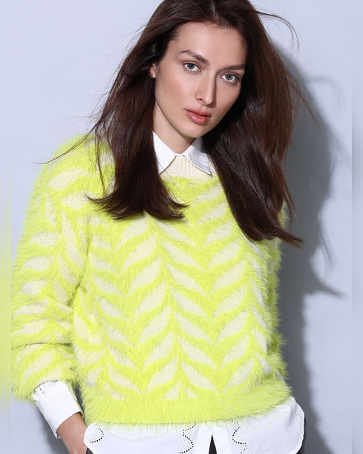 Lemon Green Fuzzy Yarn Pullover