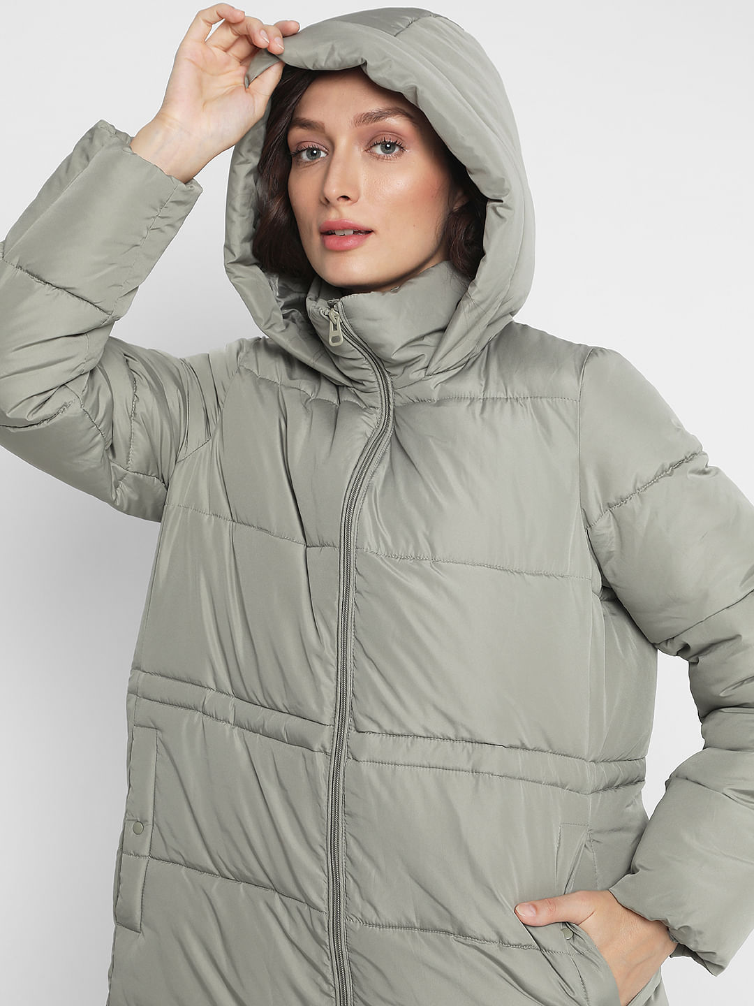 Light Green Long Hooded Puffer Coat for Women VERO MODA