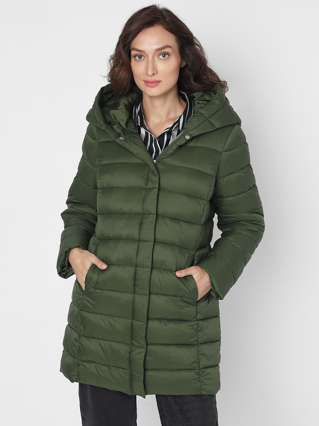 Dark Green Long Hooded Puffer Jacket