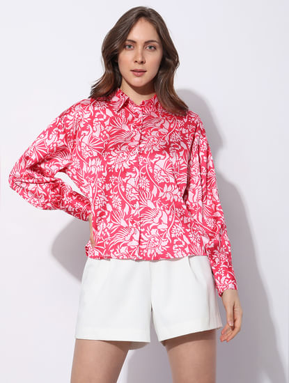 Pink Floral Print Satin Shirt