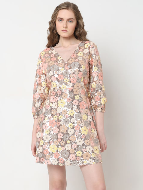 MARQUEE Beige Floral Sequinned Dress