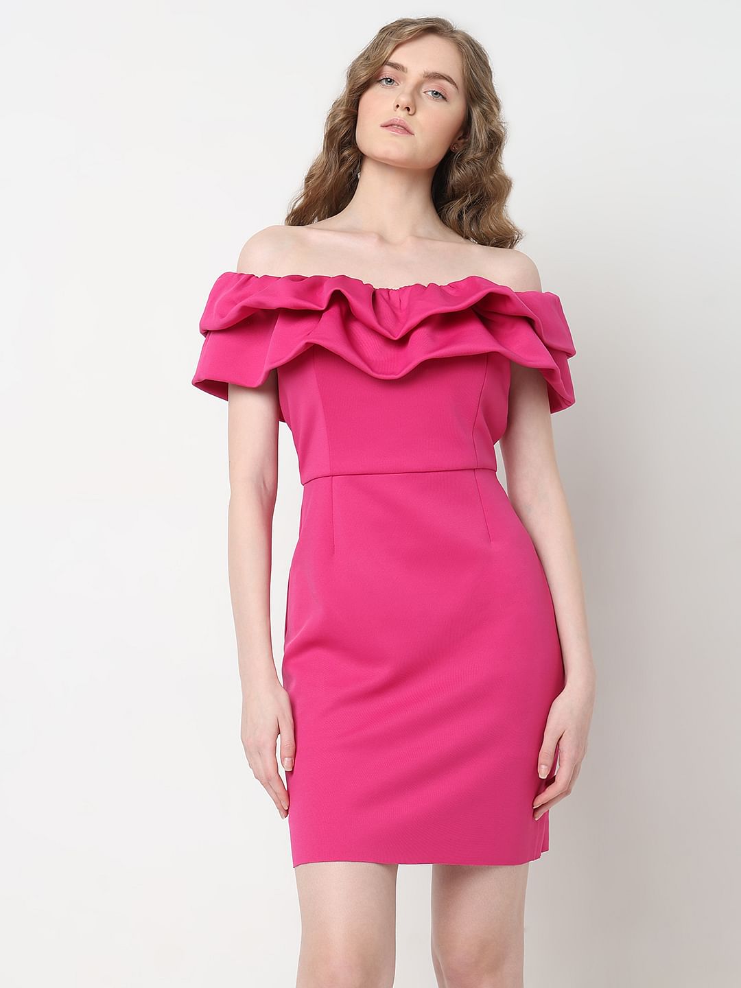 MARQUEE Hot Pink Bodycon Off Shoulder Dress