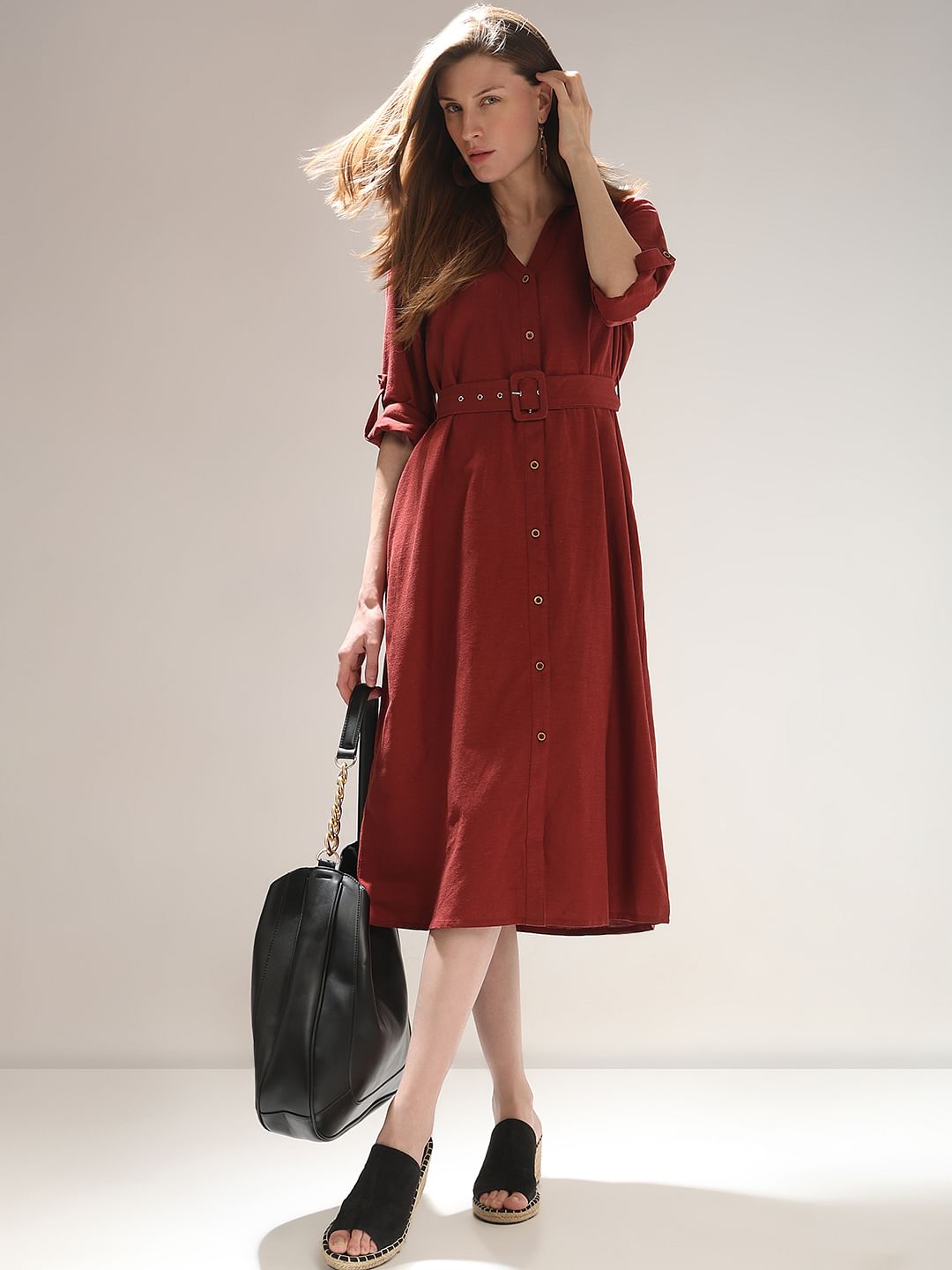 Dark red shirt dress online