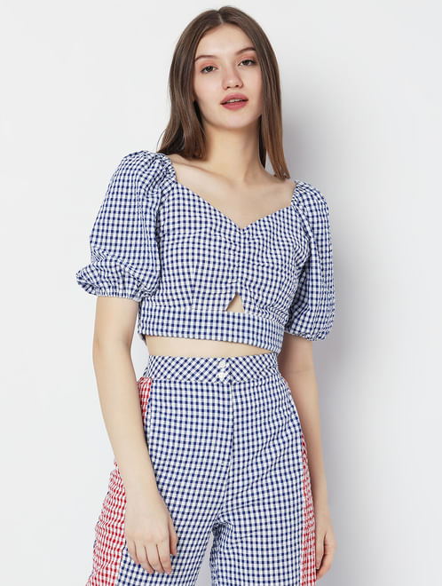 White & Blue Check Co-ord Set Crop Top