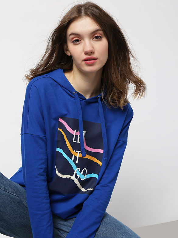 Blue Printed Hooded Sweatshirt
