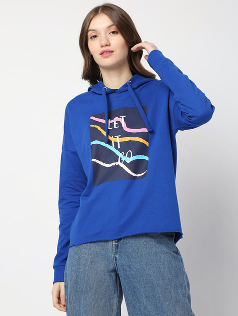 Blue Printed Hooded Sweatshirt