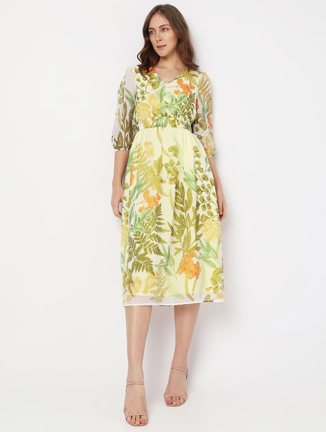 Green Tropical Print Midi Dress